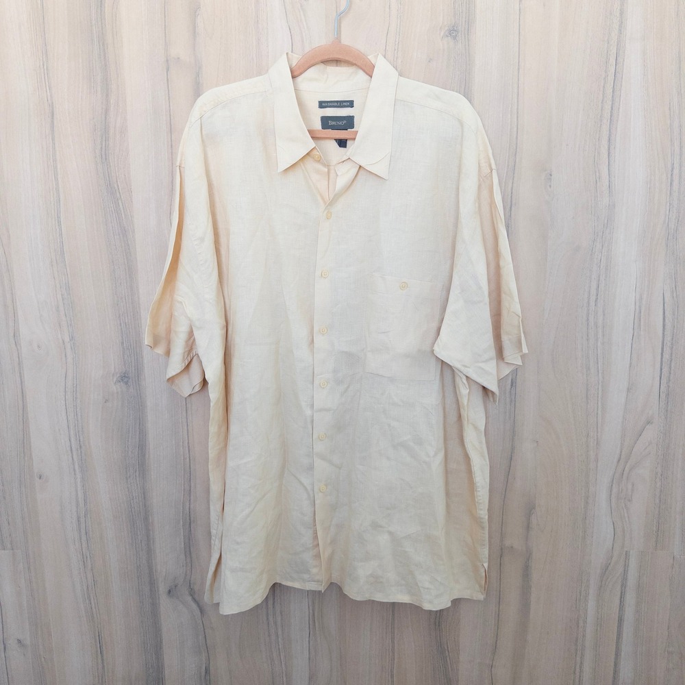 Bruno Men 100% Linen Short Sleeve Shirt 3X Butter Yellow Washable Coastal Resort